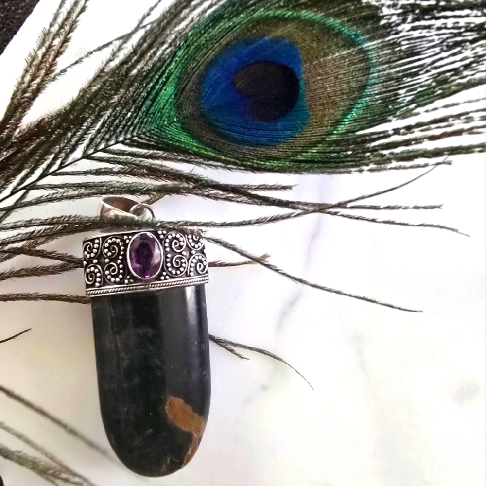 Amethyst, Sterling & Natural Stone Pendant